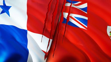 Panama ve Bermuda bayrakları yara izi konseptiyle. Dalgalanan bayrak, 3 boyutlu görüntüleme. Panama ve Bermuda çatışma konsepti. Panama Bermuda ilişkileri kavramı. Panama ve Bermuda bayrağı krizi, savaş, saldırı konsepti