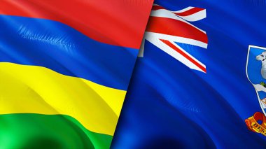 Mauritius ve Falkland Adaları bayrakları. 3 boyutlu dalgalanan bayrak tasarımı. Mauritius Falkland Adaları bayrağı, resim, duvar kağıdı. Mauritius, Falkland Adaları 'na karşı. Görüntü 3 boyutlu. Mauritius Falkland Adası