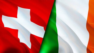 İsviçre ve İrlanda bayrakları. 3 boyutlu dalgalanan bayrak tasarımı. İsviçre İrlanda bayrağı, resim, duvar kağıdı. İsviçre, İrlanda 'ya karşı, görüntü 3D. İsviçre İrlanda ilişkileri