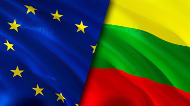 Avrupa Birliği ve Litvanya bayrakları. 3 boyutlu dalgalanan bayrak tasarımı. Avrupa Birliği Litvanya bayrağı, resim, duvar kağıdı. Avrupa Birliği, Litvanya imajına karşı, 3D görüntüleme. Avrupa Birliği Litvanya ilişkisi