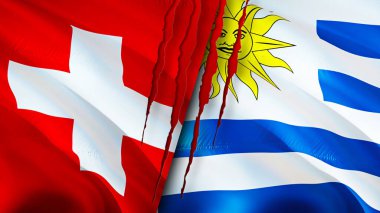 Yara izi olan İsviçre ve Uruguay bayrakları. Dalgalanan bayrak, 3 boyutlu görüntüleme. İsviçre ve Uruguay çatışma konsepti. İsviçre Uruguay ilişkileri kavramı. İsviçre ve Urugua bayrağı