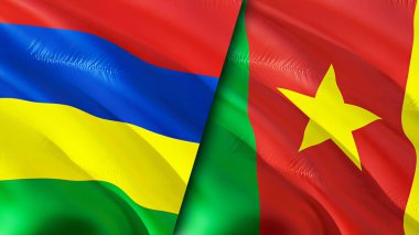 Mauritius ve Kamerun bayrakları. 3 boyutlu dalgalanan bayrak tasarımı. Mauritius Kamerun bayrağı, resim, duvar kağıdı. Mauritius, Kamerun görüntüsüne karşı, 3 boyutlu görüntüleme. Mauritius Kamerun ilişkileri ittifakı