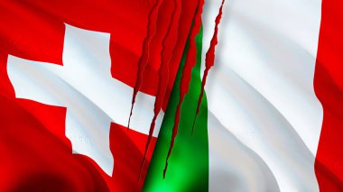 Yara izi olan İsviçre ve İtalya bayrakları. Dalgalanan bayrak, 3 boyutlu görüntüleme. İsviçre ve İtalya çatışma konsepti. İsviçre İtalya ilişkileri kavramı. İsviçre ve İtalya bayrağı krizi, savaş, attac