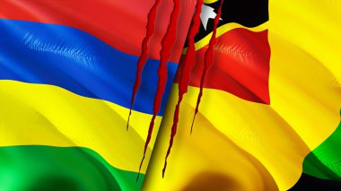 Mauritius ve Nevis Adası bayraklarında yara izi var. Dalgalanan bayrak, 3 boyutlu görüntüleme. Mauritius ve Nevis Adası çatışma konsepti. Mauritius Nevis Adası ilişkileri kavramı. Mauritius ve Nevi bayrağı