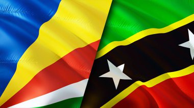 Seyşeller, Saint Kitts ve Nevis bayrakları. 3 boyutlu dalgalanan bayrak tasarımı. Seyşeller Saint Kitts ve Nevis bayrağı, resim, duvar kağıdı. Seyşeller, Saint Kitts ve Nevis 'e karşı, görüntü 3D. Seyşeller Sain