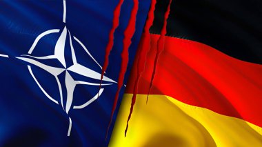 Yara izi olan NATO ve Almanya bayrakları. Dalgalanan bayrak, 3 boyutlu görüntüleme. Almanya ve NATO çatışma konsepti. NATO Almanya ilişkileri kavramı. NATO ve Almanya bayrağı kriz, savaş, saldırı konsepti