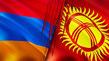 Yara izi olan Ermenistan ve Kırgızistan bayrakları. Dalgalanan bayrak, 3 boyutlu görüntüleme. Ermenistan ve Kırgızistan çatışma konsepti. Ermenistan Kırgızistan ilişkileri kavramı. Ermenistan ve Kırgızistan bayrağı