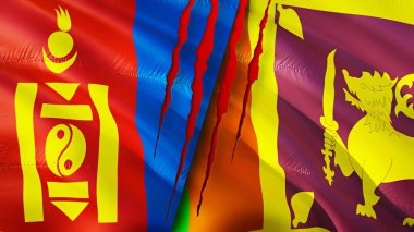 Yara izi olan Moğolistan ve Sri Lanka bayrakları. Dalgalanan bayrak, 3 boyutlu görüntüleme. Moğolistan ve Sri Lanka çatışma konsepti. Moğolistan Sri Lanka ilişkileri kavramı. Moğolistan bayrağı ve Sri Lanka krizi, savaş