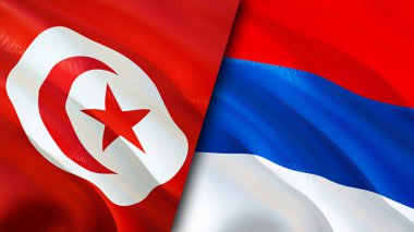 Tunus ve Sırbistan bayrakları. 3 boyutlu dalgalanan bayrak tasarımı. Tunus Sırbistan bayrağı, resim, duvar kağıdı. Tunus Sırbistan 'a karşı imaj, 3D görüntüleme. Tunus Sırbistan ilişkileri ittifak ve ticaret, seyahat ve turizm consepsi