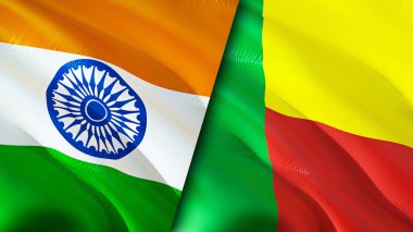 Hindistan ve Benin bayrakları. 3 boyutlu dalgalanan bayrak tasarımı. Hindistan Benin bayrağı, resim, duvar kağıdı. Hindistan, Benin 'e karşı, görüntü 3D. Hindistan Benin ilişkileri ittifak ve ticaret, seyahat, turizm konsepti