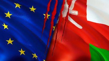 Yara izi olan Avrupa Birliği ve Umman bayrakları. Dalgalanan bayrak, 3 boyutlu görüntüleme. Avrupa Birliği ve Umman çatışması konsepti. Avrupa Birliği Umman ilişkileri kavramı. Avrupa Birliği ve Oma bayrağı