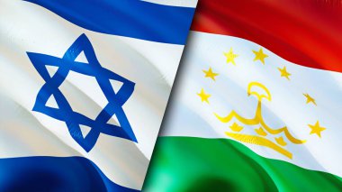 İsrail ve Tacikistan bayrakları. 3 boyutlu dalgalanan bayrak tasarımı. İsrail Tacikistan bayrağı, resim, duvar kağıdı. İsrail, Tacikistan 'a karşı, görüntü 3 boyutlu. İsrail Tacikistan ilişkileri ittifak ve ticaret, seyahat, turnuva