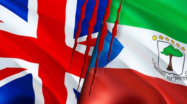 Birleşik Krallık ve Ekvator Ginesi bayrakları yara izi konseptiyle. Dalgalanan bayrak, 3 boyutlu görüntüleme. Birleşik Krallık ve Ekvator Ginesi çatışma konsepti. Birleşik Krallık Ekvator Ginesi İlişkileri konsepti