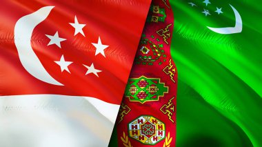 Singapur ve Türkmenistan bayrakları. 3 boyutlu dalgalanan bayrak tasarımı. Singapur Türkmenistan bayrağı, resim, duvar kağıdı. Singapur, Türkmenistan 'a karşı, görüntü 3 boyutlu. Singapur Türkmenistan ilişkileri bir ittifak