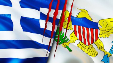 Yunanistan ve ABD Virjin adaları yara izi kavramına sahip bayraklar. Dalgalanan bayrak, 3 boyutlu görüntüleme. Yunanistan ve ABD Virgin Adaları çatışma konsepti. Yunanistan ABD Virgin Adaları ilişkileri kavramı. Yunanistan bayrağı