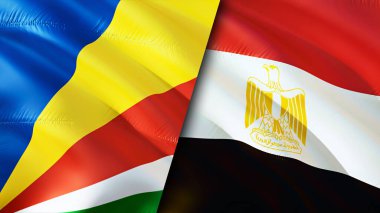 Seyşeller ve Mısır bayrakları. 3 boyutlu dalgalanan bayrak tasarımı. Seyşeller Mısır bayrağı, resim, duvar kağıdı. Seyşeller Mısır 'a karşı, görüntü 3D. Seyşeller Mısır ilişkileri ittifak ve ticaret, seyahat, turnuva