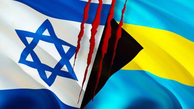 Yara izi olan İsrail ve Bahamalar bayrakları. Dalgalanan bayrak, 3 boyutlu görüntüleme. İsrail ve Bahamalar çatışma konsepti. İsrail Bahamalar ilişkileri kavramı. İsrail ve Bahamalar bayrağı kriz, savaş, saldırı konsepti