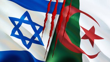 İsrail ve Cezayir bayraklarında yara izi var. Dalgalanan bayrak, 3 boyutlu görüntüleme. İsrail ve Cezayir çatışma konsepti. İsrail Cezayir ilişkileri kavramı. İsrail ve Cezayir bayrağı krizi, savaş, saldırı konsepti