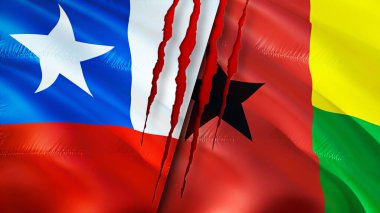 Yara izi olan Şili ve Gine Bissau bayrakları. Dalgalanan bayrak, 3 boyutlu görüntüleme. Şili ve Gine Bissau çatışma konsepti. Şili Gine Bissau ilişkileri kavramı. Şili ve Gine Bissa bayrağı