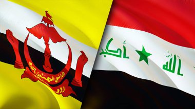 Brunei ve Irak bayrakları. 3 boyutlu dalgalanan bayrak tasarımı. Brunei Irak bayrağı, resim, duvar kağıdı. Brunei Irak 'a karşı, görüntü 3 boyutlu. Brunei Irak ilişkileri ittifak ve ticaret, seyahat, turizm konsepti