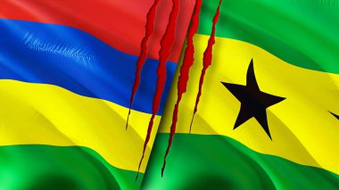 Mauritius, Sao Tome ve Principe bayrakları yara izi konseptiyle. Dalgalanan bayrak, 3 boyutlu görüntüleme. Mauritius ve Sao Tome ve Principe çatışma konsepti. Mauritius Sao Tome ve Principe ilişkileri kavramı. fla