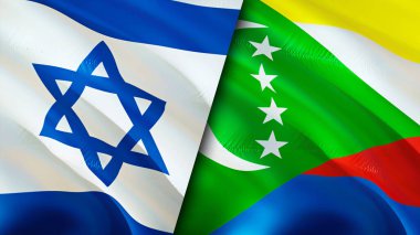 İsrail ve Comoros bayrakları. 3 boyutlu dalgalanan bayrak tasarımı. Israel Comoros bayrağı, resim, duvar kağıdı. İsrail, Comoros 'a karşı, görüntü 3 boyutlu. İsrail Komoros ilişkileri ittifak ve ticaret, seyahat, turizm konsepti