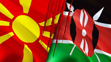 Yara izi kavramına sahip Kuzey Makedonya ve Kenya bayrakları. Dalgalanan bayrak, 3 boyutlu görüntüleme. Kuzey Makedonya ve Kenya ihtilaf kavramı. Kuzey Makedonya Kenya ilişkileri kavramı. Kuzey Makedonya ve Keny bayrağı