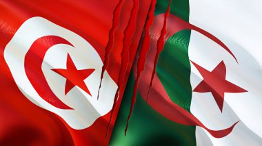 Yara izi olan Tunus ve Cezayir bayrakları. Dalgalanan bayrak, 3 boyutlu görüntüleme. Tunus ve Cezayir çatışma konsepti. Tunus Cezayir ilişkileri kavramı. Tunus ve Cezayir bayrağı krizi, savaş, saldırı konsepti