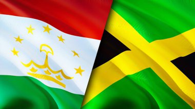 Tacikistan ve Jamaika bayrakları. 3 boyutlu dalgalanan bayrak tasarımı. Tacikistan Jamaika bayrağı, resim, duvar kağıdı. Tacikistan, Jamaika imajına karşı, 3 boyutlu canlandırma. Tacikistan Jamaika ilişkileri bir ittifak