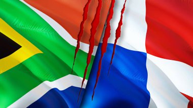 Güney Afrika ve Panama bayraklarında yara izi var. Dalgalanan bayrak, 3 boyutlu görüntüleme. Güney Afrika ve Panama çatışma konsepti. Güney Afrika Panama ilişkileri kavramı. Güney Afrika ve Panam bayrağı