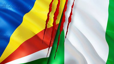 Yara izi olan Seyşeller ve Nijerya bayrakları. Dalgalanan bayrak, 3 boyutlu görüntüleme. Seyşeller ve Nijerya çatışma konsepti. Seyşeller Nijerya ilişkileri kavramı. Seyşel bayrağı ve Nijerya krizi, savaş