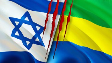 Yara izi olan İsrail ve Gabon bayrakları. Dalgalanan bayrak, 3 boyutlu görüntüleme. İsrail ve Gabon çatışma konsepti. İsrail Gabon ilişkileri kavramı. İsrail bayrağı ve Gabon krizi, savaş, saldırı konsepti