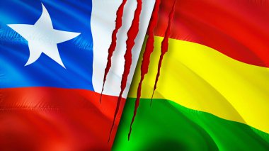 Yara izi olan Şili ve Bolivya bayrakları. Dalgalanan bayrak, 3 boyutlu görüntüleme. Şili ve Bolivya çatışması konsepti. Şili Bolivya ilişkileri kavramı. Şili ve Bolivya bayrağı krizi, savaş, saldırı konsepti