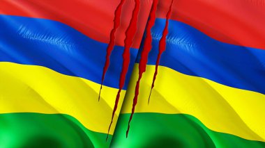 Mauritius ve Mauritius yara izi olan bayraklar. Dalgalanan bayrak, 3 boyutlu görüntüleme. Mauritius ve Mauritius çatışma konsepti. Mauritius Mauritius ilişkileri kavramı. Mauritius ve Mauritiu bayrağı