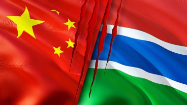 Yara izi olan Çin ve Gambiya bayrakları. Dalgalanan bayrak, 3 boyutlu görüntüleme. Çin ve Gambiya çatışma konsepti. Çin Gambiya ilişkileri kavramı. Çin ve Gambiya krizi bayrağı, savaş, saldırı konsepti