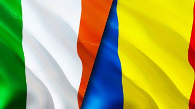 İrlanda ve Romanya bayrakları. 3 boyutlu dalgalanan bayrak tasarımı. İrlanda bayrağı, resim, duvar kağıdı. İrlanda, Romanya 'ya karşı imaj, 3D görüntüleme. İrlanda Romanya savaş ittifakı kavramı. Ticaret, turnuva