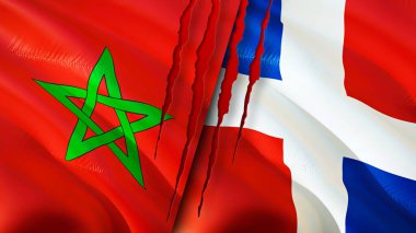 Fas ve Dominik Cumhuriyeti bayraklarında yara izi var. Dalgalanan bayrak, 3 boyutlu görüntüleme. Fas ve Dominik Cumhuriyeti çatışma konsepti. Fas Dominik Cumhuriyeti ilişkileri kavramı. Fas bayrağı