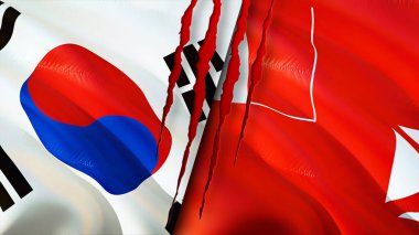 Güney Kore, Wallis ve yara izi olan Futuna bayrakları. Dalgalanan bayrak, 3 boyutlu görüntüleme. Güney Kore, Wallis ve Futuna çatışma konsepti. Güney Kore Wallis ve Futuna ilişkileri kavramı. bayrak o