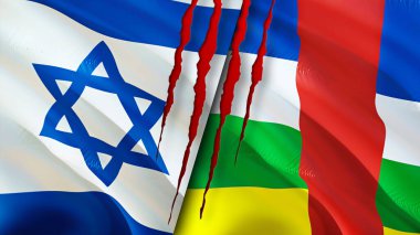 İsrail ve Orta Afrika Cumhuriyeti yara izi kavramına sahip bayraklar. Dalgalanan bayrak, 3 boyutlu görüntüleme. İsrail ve Orta Afrika Cumhuriyeti çatışma konsepti. İsrail Orta Afrika Cumhuriyeti ilişkileri kavramı. fla