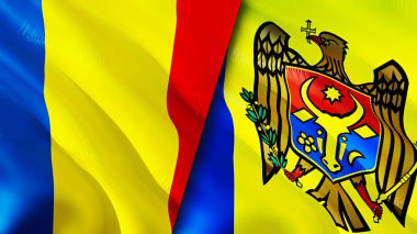 Romanya ve Moldova bayrakları. 3 boyutlu dalgalanan bayrak tasarımı. Romanya Moldova bayrağı, resim, duvar kağıdı. Romanya, Moldova 'ya karşı 3D görüntü oluşturdu. Romanya Moldova ilişkileri ittifak ve ticaret, seyahat ve turizm consepti