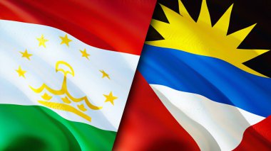 Tacikistan, Antigua ve Barbuda bayrakları. 3 boyutlu dalgalanan bayrak tasarımı. Tacikistan Antigua ve Barbuda bayrağı, resim, duvar kağıdı. Tacikistan, Antigua 'ya karşı ve Barbuda imajı, 3D görüntüleme. Tacikistan Antigua