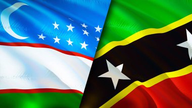 Özbekistan, Saint Kitts ve Nevis bayrakları. 3 boyutlu dalgalanan bayrak tasarımı. Özbekistan Saint Kitts ve Nevis bayrağı, resim, duvar kağıdı. Özbekistan, Saint Kitts ve Nevis 'e karşı, 3D görüntü. Özbekistan Sain