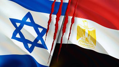 Yara izi olan İsrail ve Mısır bayrakları. Dalgalanan bayrak, 3 boyutlu görüntüleme. İsrail ve Mısır çatışma konsepti. İsrail Mısır ilişkileri kavramı. İsrail ve Mısır bayrağı krizi, savaş, saldırı konsepti