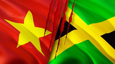 Vietnam ve Jamaika bayrakları. 3 boyutlu dalgalanan bayrak tasarımı. Vietnam Jamaika bayrağı, resim, duvar kağıdı. Vietnam, Jamaika imajına karşı, 3 boyutlu canlandırma. Vietnam Jamaika ilişkileri ittifak ve ticaret, seyahat, turizm konsepti