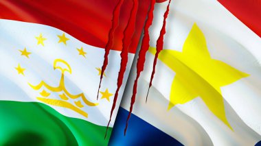 Tacikistan ve Saba adalarında yara izi konsepti var. Dalgalanan bayrak, 3 boyutlu görüntüleme. Tacikistan ve Saba Adası çatışma konsepti. Tacikistan Saba Adası ilişkileri kavramı. Tacikistan ve Sab bayrağı