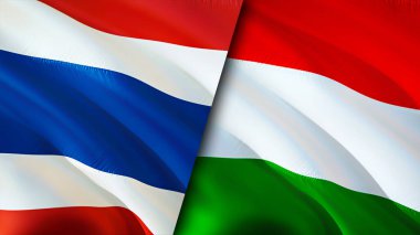 Tayland ve Macaristan bayrakları. 3 boyutlu dalgalanan bayrak tasarımı. Tayland ve Macaristan bayrağı, resim, duvar kağıdı. Tayland, Macaristan 'a karşı, görüntü 3 boyutlu. Tayland Macaristan ilişkileri ittifak ve ticaret, seyahat, turnuva