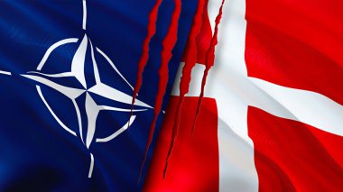 Yara izi olan NATO ve Danimarka bayrakları. Dalgalanan bayrak, 3 boyutlu görüntüleme. Danimarka ve NATO çatışma konsepti. NATO Danimarka ilişkileri kavramı. NATO ve Danimarka bayrağı krizi, savaş, saldırı konsepti