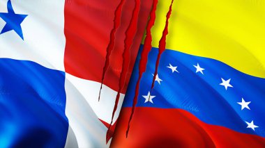 Panama ve Venezuela bayraklarında yara izi var. Dalgalanan bayrak, 3 boyutlu görüntüleme. Panama ve Venezuela çatışma konsepti. Panama Venezuela ilişkileri kavramı. Panama ve Venezuela bayrağı krizi, savaş, attac