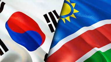 Güney Kore ve Namibya bayrakları. 3 boyutlu dalgalanan bayrak tasarımı. Güney Kore Namibya bayrağı, resim, duvar kağıdı. Güney Kore, Namibya 'ya karşı, görüntü 3 boyutlu. Güney Kore Namibya ilişkileri