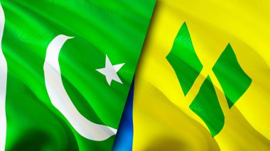 Pakistan, Saint Vincent ve Grenadine bayrakları. 3 boyutlu dalgalanan bayrak tasarımı. Pakistan Saint Vincent ve Grenadines bayrağı, resim, duvar kağıdı. Pakistan vs Saint Vincent ve Grenadines görüntüsü, 3
